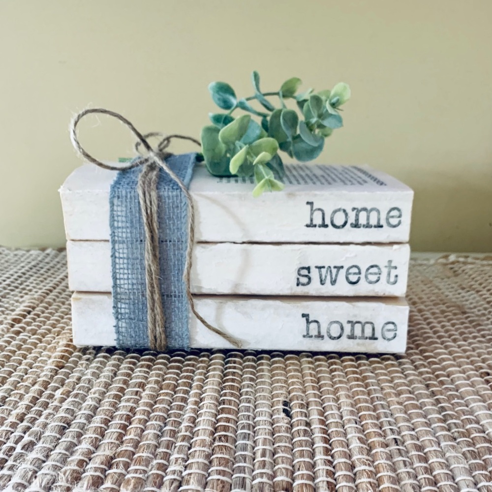 Farmhouse Hand Stamped Book Stack Home Sweet Home Eucalyptus Decor Handmade Gift - Picture 1 of 2